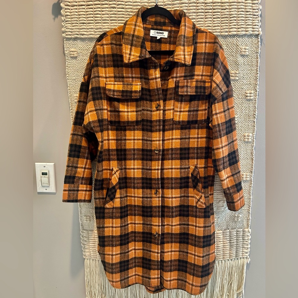 Women’s Long Flannel Tan/Brown and Black Plaid Button-Front Shirt-Jacket
